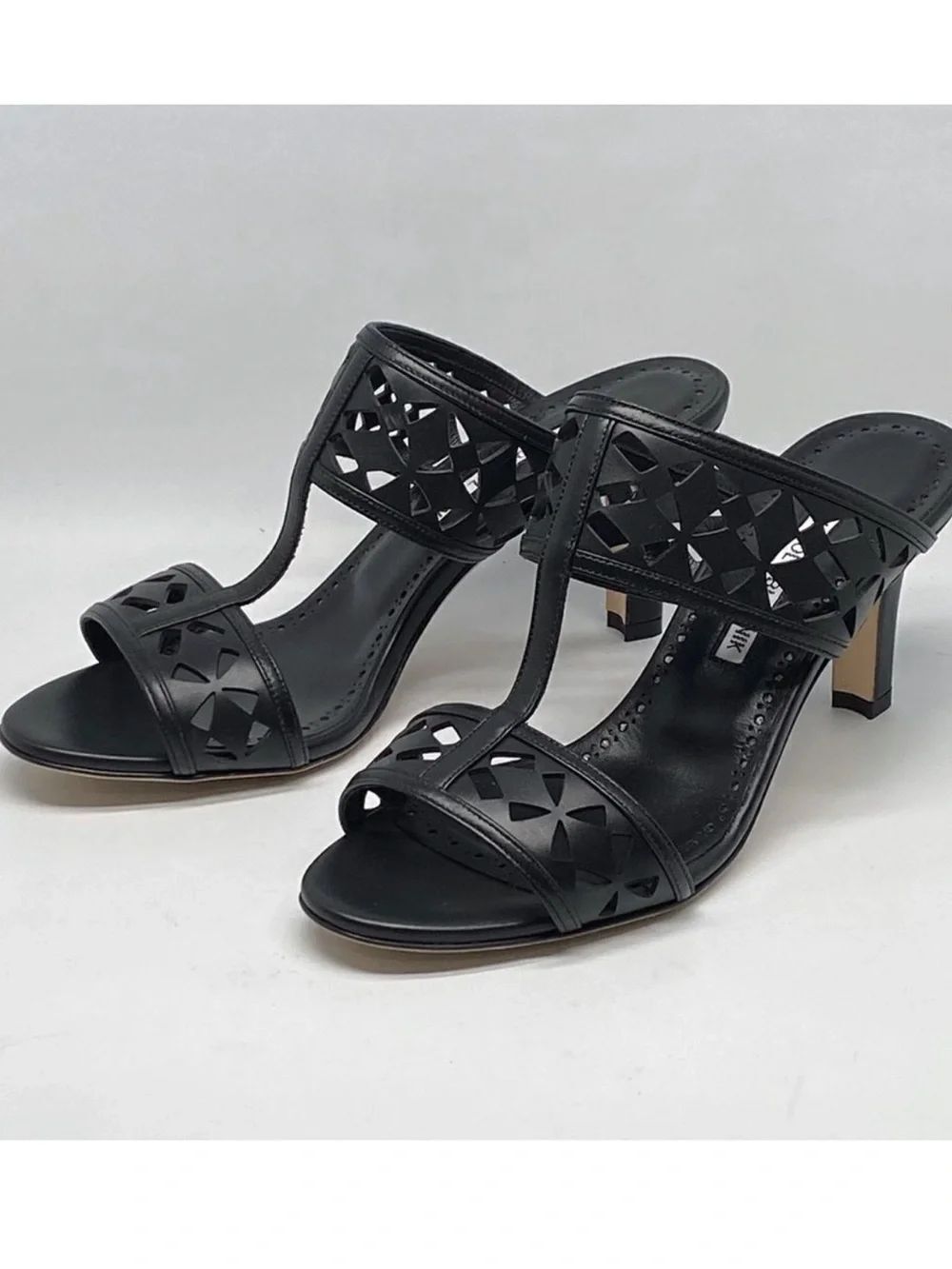 Manolo Blahnik Black Laser-Cut Leather Heel Sandals